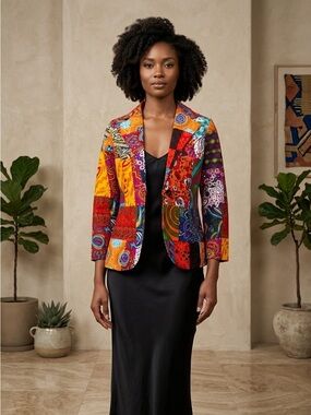 Eclectic Red and Orange Blazer Jacket with Patchwork Design
